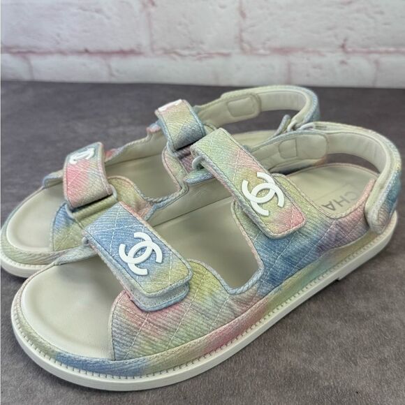 Chanel 22C Green Pink Blue White CC Logo Mule Slide Strap Flat Dad Sandal 40 - Picture 5 of 15